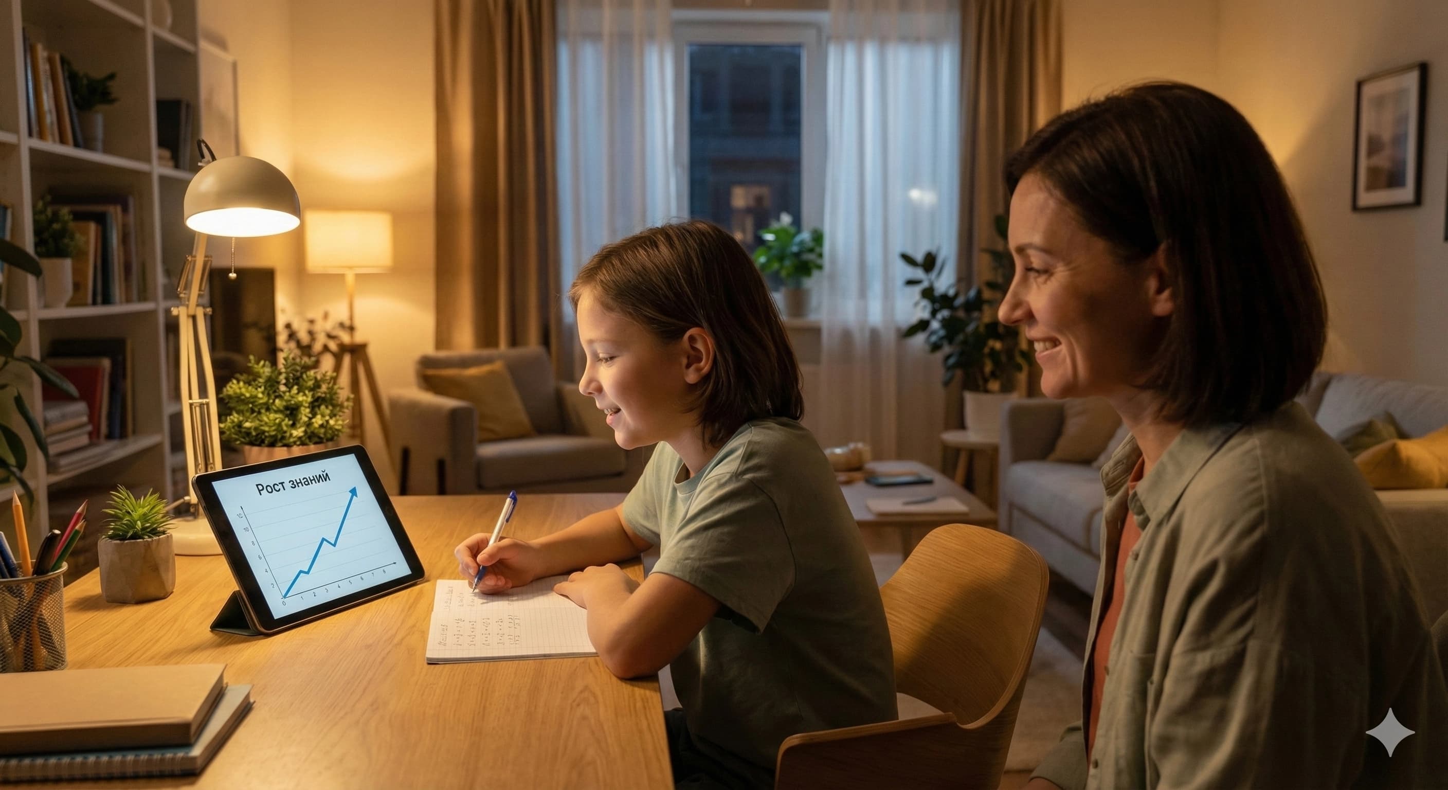 Ребёнок разбирается в задаче по математике за столом, а родитель рядом спокойно наблюдает за прогрессом.