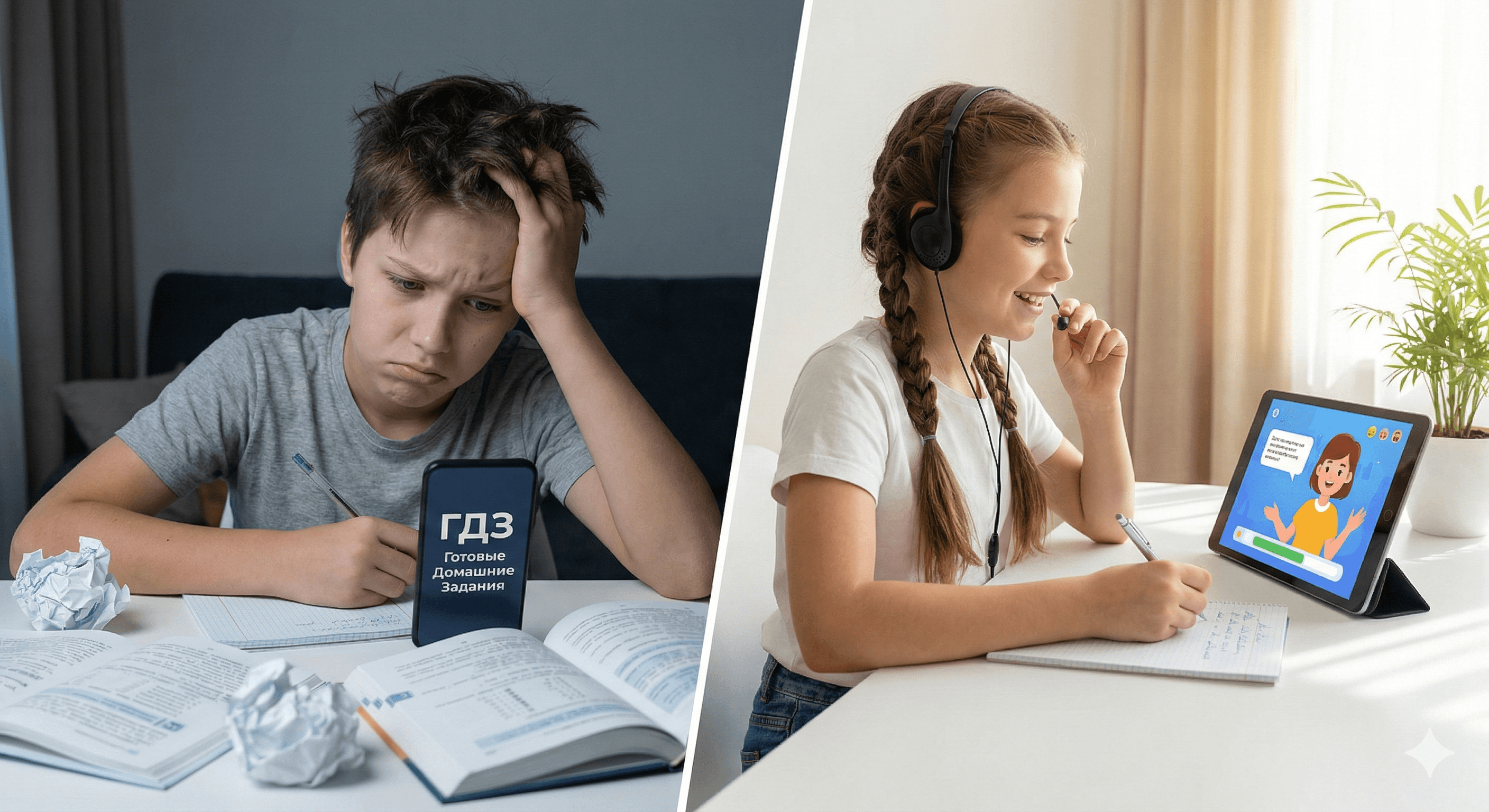 Сплит-изображение: слева ребёнок списывает с ГДЗ, справа решает с ИИ